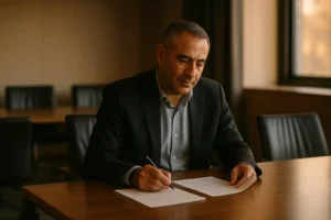 מנהל עסקי מתכונן למשא ומתן וכותב הערות על מסמכים בחדר ישיבות.