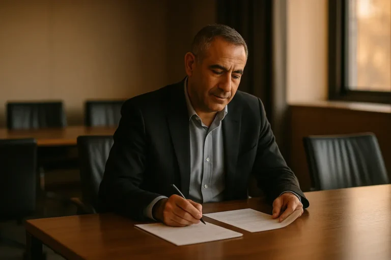מנהל עסקי מתכונן למשא ומתן וכותב הערות על מסמכים בחדר ישיבות.